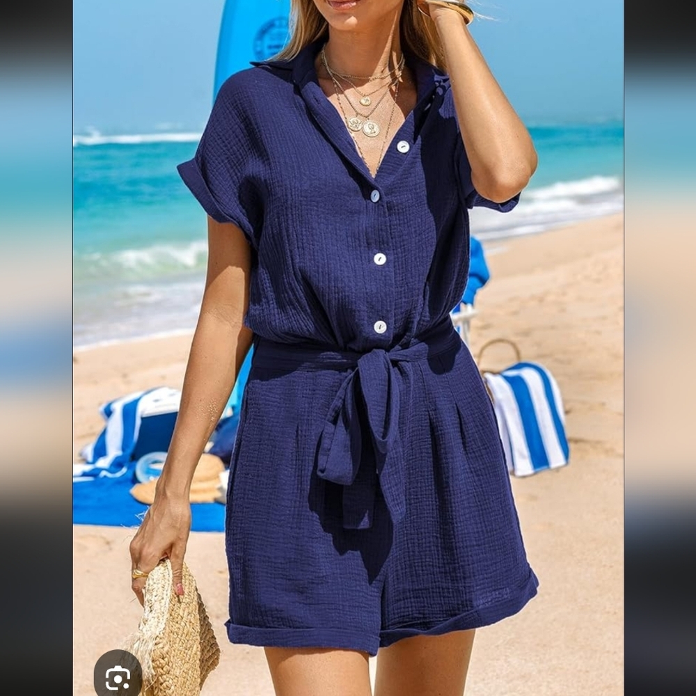 CUPSHE Women's Mini Jumpsuit Belted Basic Navy Romper with Belt New Size Large